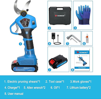 KOMOK Electric Pruning Shears with LED Display, Professional Cordless Electric Pruner, Battery Operated Pruners with 2 Lithium Batteries, 1.2" Cutting Diameter, 6-8 Working Hours for Efficient Pruning