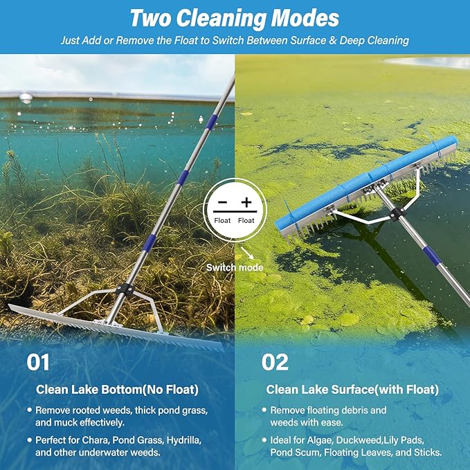 Aluminum Landscape & Lake Rake, 31'' Wide Heavy Duty Rakes for Gravel Driveway Leveling,Soil Loosening,Aquatic Weed,Algae Removal, Long Handle Landscaping Tool for Beach, Garden & Lawn Yard Cleaning