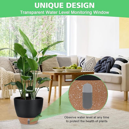 12" 10" 9" 8" Self Watering Pots with Water Level Indicator, Large Plastic Planters Set with Mesh Drainage Hole and Removable Saucer Reservoir, Big Flower Pot for Indoor Outdoor Plants (Black)