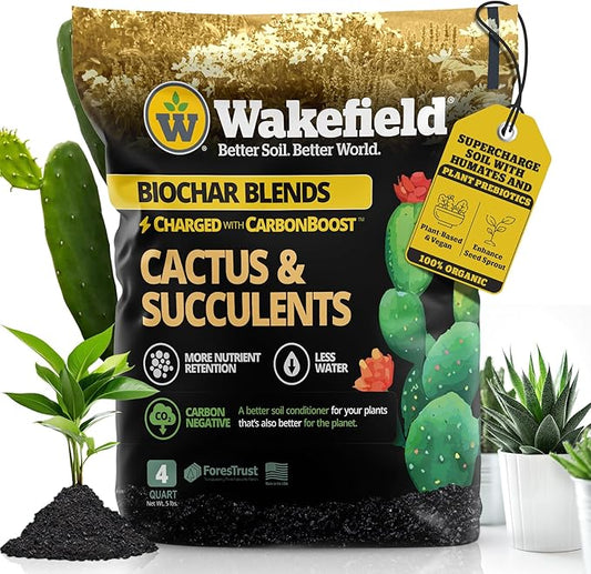 Wakefield Biochar Blend Potting Mix for Cactus & Succulent – Premium Potting Soil Blend with CarbonBoost Technology for Superior Drainage, Moisture Retention & Root Growth – 4 QT Organic Soil Mix