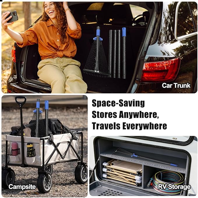 Expandable Rake for Leaves, Garden Leaf Rake for Lawns with 8-17“ Width & 65” Height - Lightweight Metal Yard Rakes for Women & Kids, for Pine Needles, Grass, Dog Poop - Easy Storage for RV & Camping