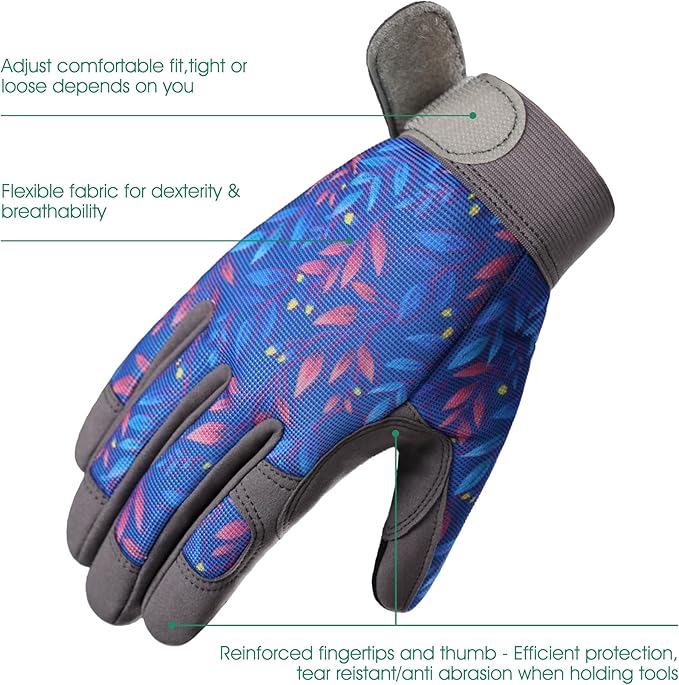 COOLJOB Small Gardening Work Gloves for Women Ladies, Thorn Proof for Rose Pruning, Cactus Handling, Blackberry Bush Planting, Puncture Resistant Anti-Slip Flexible, 1 Pair S Blue Flower