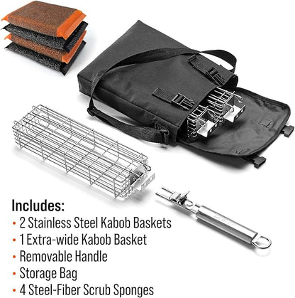 Large Grilling Basket Set – 3 Stainless Steel Kabob Baskets with Removable Handle & Scrubber Sponge – Heavy-Duty Grill Accessory for Veggies, Meat & More