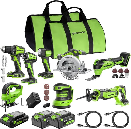 GREENWORKS 24V (8-TOOL) Combo (Drill, Impact Driver, Circular Saw, Reciprocating Saw, Jigsaw, Multi-Tool, Sander, Flashlight), 4.0Ah + (2) 2.0Ah (Power Bank) Batteries, (2) Cables, 65W Rapid Charger