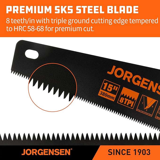 JORGENSEN 15” Hand Saw, Black Coated Coarse Handsaw 8TPI for Wood Cutting, Ergonomic Non-Slip Aluminum Handle for Sawing, Trimming, Gardening, Pruning, PVC