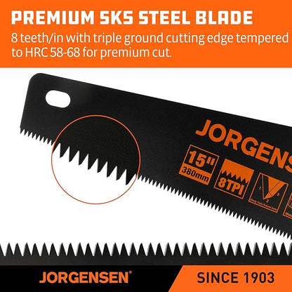 JORGENSEN 15” Hand Saw, Black Coated Coarse Handsaw 8TPI for Wood Cutting, Ergonomic Non-Slip Aluminum Handle for Sawing, Trimming, Gardening, Pruning, PVC