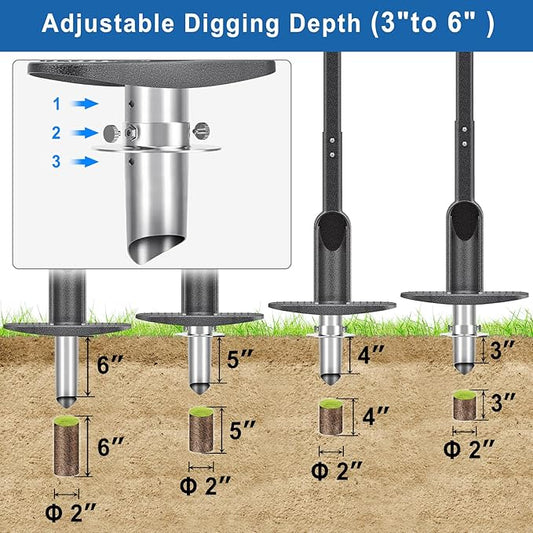 Grass Plugger Tool with Adjustable Digging Depth from 3 to 6 Inch Bulb Planter with Long Handle Plug Cutter Bulb Transplanter Tool for Plants Digging Holes, Repair of Turf, Transplant Seedling