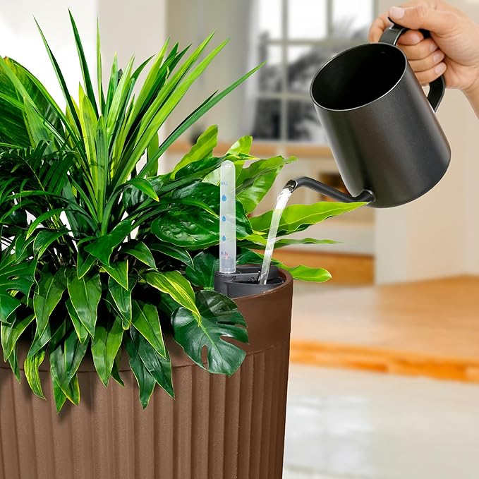 Set of 2 Large Planter Outdoor Self Watering Pots for Indoor Plants, 24" Tall Planters with Drainage Hole for Patio, Garden (Brown Ribbed)