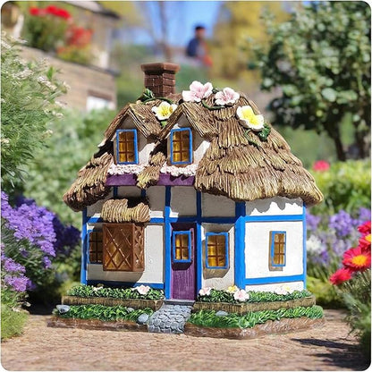 Resin Rustic Fairy Cottage Statues - M-Shaped Thatched Roof Garden Outdoor Decor with Solar Lights, Birthday Gifts for Women Mom Yard Decorations, Gardening Gifts for Patio, Balcony, Porch