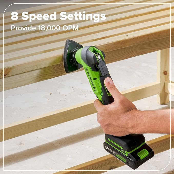GREENWORKS 24V (8-TOOL) Combo (Drill, Impact Driver, Circular Saw, Reciprocating Saw, Jigsaw, Multi-Tool, Sander, Flashlight), 4.0Ah + (2) 2.0Ah (Power Bank) Batteries, (2) Cables, 65W Rapid Charger
