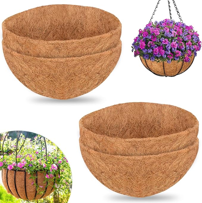 ZeeDix 16 Inch Coco Liners for Hanging Baskets, 4 Pcs Round Coco Liner 100% Natural Coco Fiber Basket Coconut Replacement Liner for Hanging Baskets Planters Flowers Vegetables(16in-4pcs)