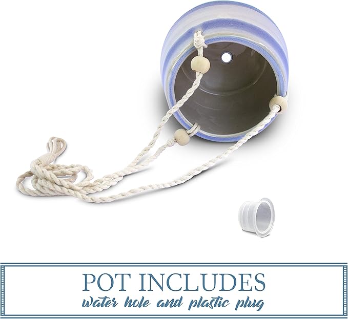 23 Bees Ceramic Hanging Planter | Blue Succulent Pots | Round Plant Holder Container | Cactus Pot with Cotton Rope Hanger | Indoor Outdoor Decor (1 Pack x Blue Horizon)