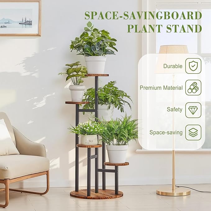 VECELO 5 Tier Plant Stand Indoor Outdoor, Tall Metal Wood Flower Shelf for Multiple Plants, Small Tiered Round Corner Display Rack, Planter Pot Holder for Patio Garden Balcony Living Room Bedroom