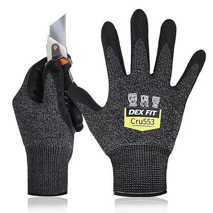 DEX FIT Level 5 Cut Resistant Gloves Cru553, 3D-Comfort Stretchy Fit, Power Grip, Professional Grade, Thin, Touch-Screen Compatible, Durable, Machine Washable; Black Grey XL (10) 12 Pairs