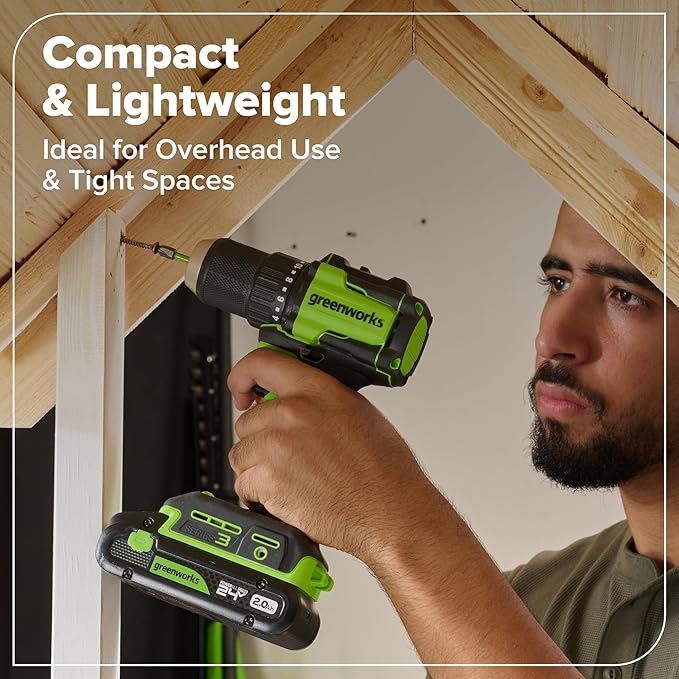 Greenworks 24V Cordless Brushless 400 in-lbs Drill/Driver+1950 in-lbs Impact Driver Combo,High Torque, Lightweight, (2) 2.0Ah USB-C Batteries(12,000mAh Power Bank) and 65W USB-C Fast Charger(3-Port)