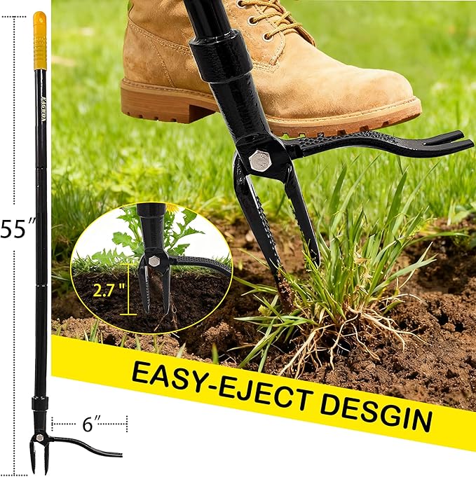 55-Inch Stand Up Weed Puller Tool, 4-Claw Steel Head Design, Long Handle for Dandelions and Crabgrass