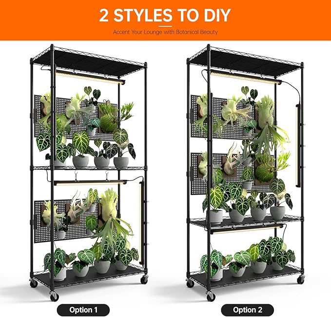 Bstrip Plant Shelf with Grow Light & Pegboard, Metal Plant Stand with Adjustable Rack and Wheels, 4 x 24W Full Spectrum Grow Light Strip for Indoor Plants, Foliage Plants, Seedling, 29.5"x13.8"x59"