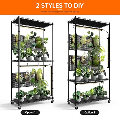 Bstrip Plant Shelf with Grow Light & Pegboard, Metal Plant Stand with Adjustable Rack and Wheels, 4 x 24W Full Spectrum Grow Light Strip for Indoor Plants, Foliage Plants, Seedling, 29.5"x13.8"x59"