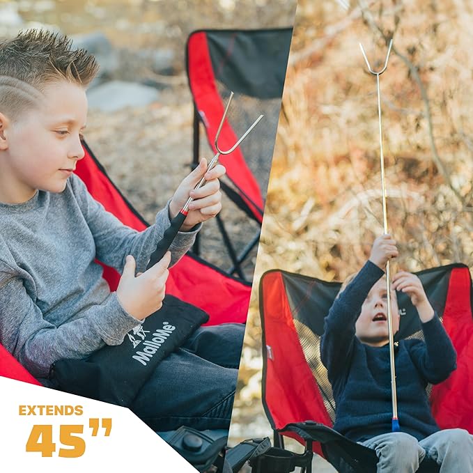 MalloMe Smores Sticks for Fire Pit 45 inch Extra Long - Marshmallow Roasting Sticks Smores Kit -Smore Skewers Hot Dog Fork Campfire Cooking Equipment, Camping Essentials, Outdoor Accessories (4 Pack)