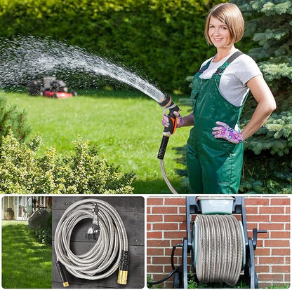 Metal Garden Hose 100FT Heavy Duty Lightweight 304 with Brass Nozzle,Durable Fittings,No Kink & Tangle,Puncture Resistant,Easy to Use & Store for RV,Outdoor, Yard,Ligh (100ft)