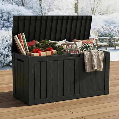 75 Gallon Resin Deck Box, Outdoor Storage Box with Lockable Lid, Waterproof Patio Furniture Cover, Garden Tool Organizer, All-Weather Bench for Deck, Pool & Yard - Black
