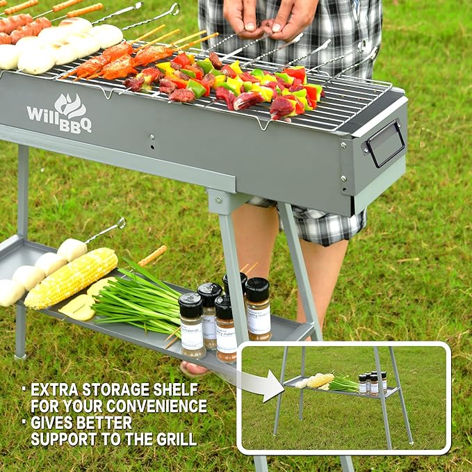 Charcoal Grills Commercial Quality Portable Multiple Size Hibachi BBQ Lamb Skewer Folded Camping Barbecue Grill(39.4x7.1x5.1 inch With Accessories)