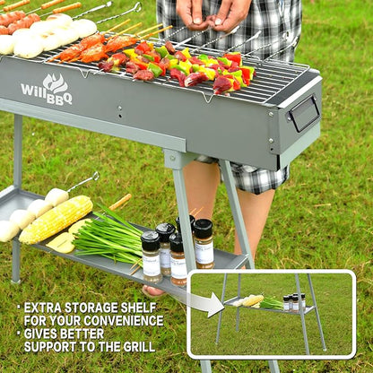 Charcoal Grills Commercial Quality Portable Multiple Size Hibachi BBQ Lamb Skewer Folded Camping Barbecue Grill(31.6x7.1x5.1 inch With Accessories)