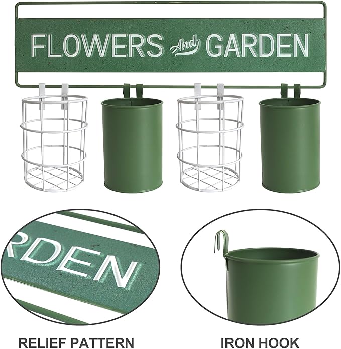 Vintage Metal Hanging Flower Pot Rustic Wall Mounted Planter Bucket 4 Basket Farmhouse Plants Holder with Detachable Hooks for Garden Railing Fence Patio Yard Outdoor Decor Green