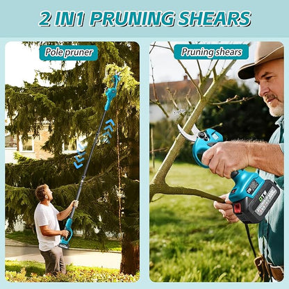 Electric Pruning Shears with Pole 1.4-2.0 Cutting Diameter & 2-IN-1 Electric Pole Pruner,2PCS 21V 3.0Ah Batteries,Brushiless Motor,4 Modes Adjustable Branches Cutter for Flower, Tree Trimming(Blue)