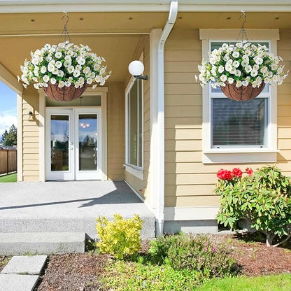 Artificial Fake Hanging Flowers Plants Baskets Spring Outdoor Decor, Outdoor Faux Silk White Morning Glory Eucalyptus in Planter UV Resistant Realistic for Outside Porch Patio Balcony Garden Yard Home