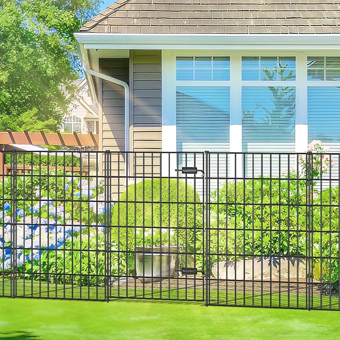 Metal Garden Fence with Gate 40in (H) x 18.7ft (L), 1 Gate + 7 Panels Dog Fence Border Fence Animal Barrier, No Dig Garden Fencing for Yard Flower Bed Lawn Patio Outdoor, PIN402808G Black