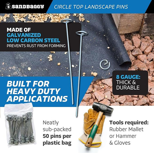 Sandbaggy 12-inch Circle Top Pins - Landscape Staples (Galvanized) - Garden Stakes for Landscaping, SOD - Heavy Duty Ground Stakes, Lawn Turf Spikes, Christmas Decorations, Weed Mats (150 Pins)