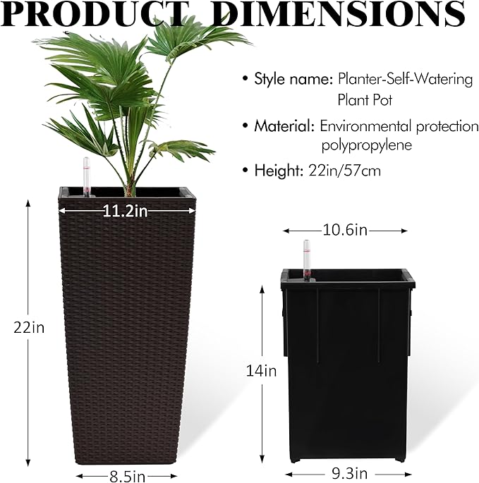 23in Tall Planter Set of 2, Large Self Watering Pots for Indoor/Outdoor Plants with Drain Holes, Water Level Monitor, Inner Bucket for Front Porch Patio, Brown Rattan