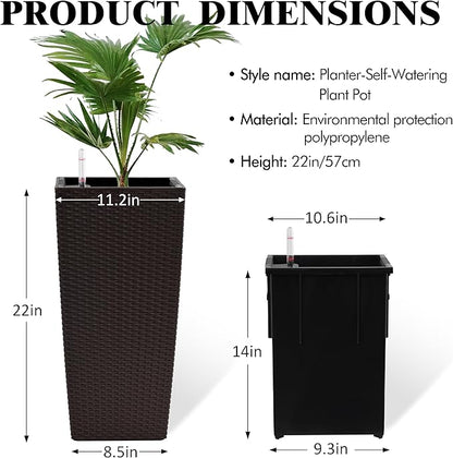 23in Tall Planter Set of 2, Large Self Watering Pots for Indoor/Outdoor Plants with Drain Holes, Water Level Monitor, Inner Bucket for Front Porch Patio, Brown Rattan