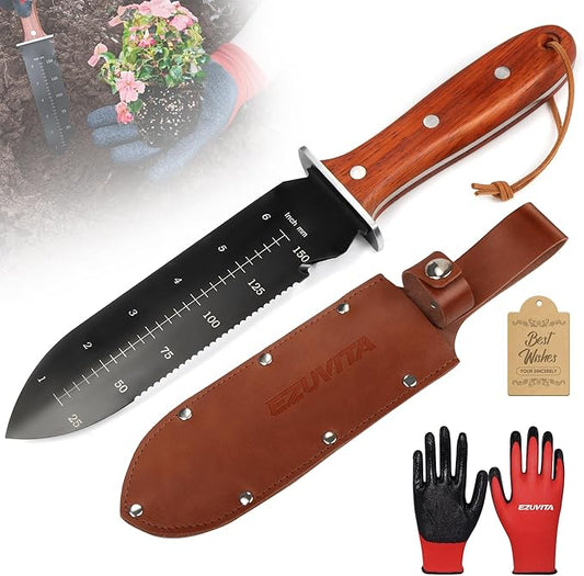 Hori Hori Garden Knife, Gardening Tools with Leather Sheath for Weeding, Gardening, Digging, 7” Stainless Steel Blade with Black Electrophoresis Coating, Double Cutting Edge, Full Tang Wood Handle with Hanging Hole