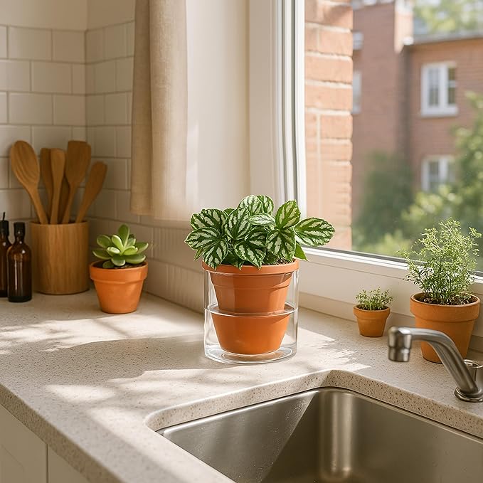 D'vine Dev 4 Inch Design Self Watering Pot for Indoor Plants, Terracotta Planter with Cylinder Glass Cup, Set of 3, 37-Z-A-1-T