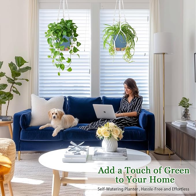 Hanging Planters for Indoor Plants 8 Inch, 2 Pack Hanging Baskets for Plants, Self Watering Hanging Flower Pots with Drainage Hole & 2 Kinds of Plant Hangers for Garden Home Decor (Navy Blue, 8 inch)