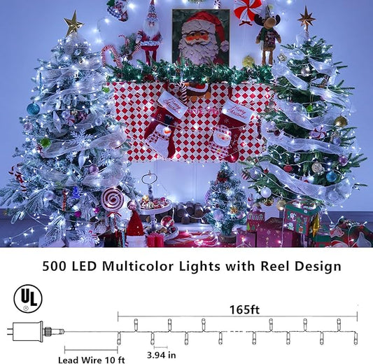 YEGUO 165ft 500 LED White Christmas Lights Outdoor Waterproof, Clear Wire String Lights Indoor, Twinkle Tree Lights Plug in with Timer Memory