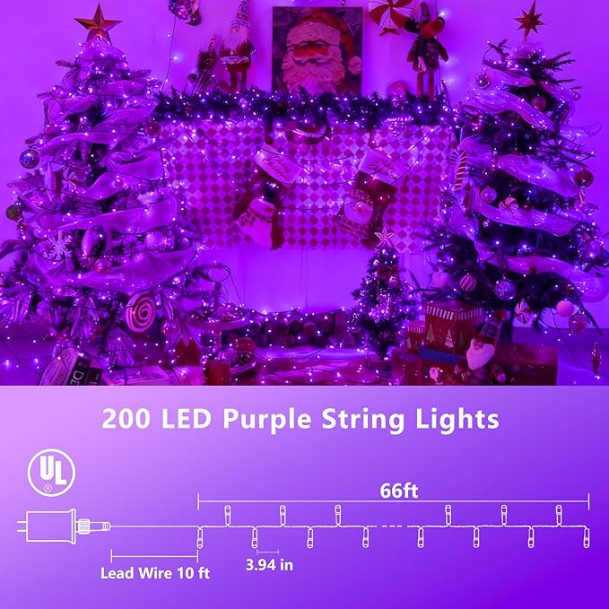 YEGUO 66ft 200 LED Christmas Lights Outdoor Waterproof, Purple String Lights Indoor, Twinkle Christmas Tree Lights Plug in with Timer Memory 8 Modes