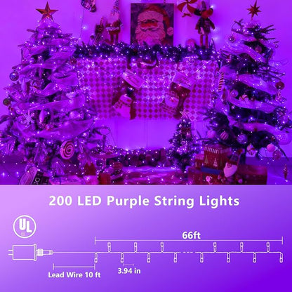 YEGUO 66ft 200 LED Christmas Lights Outdoor Waterproof, Purple String Lights Indoor, Twinkle Christmas Tree Lights Plug in with Timer Memory 8 Modes