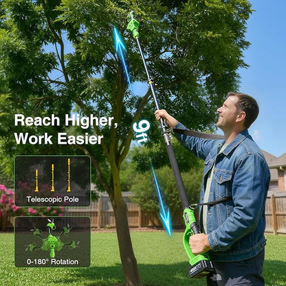 2-in-1 Electric Pruning Shears Cordless: 1.2" Cutting Diameter Pole Pruner - 2 Pcs 4.0Ah Batteries, 9ft Telescopic Pole, Extra SK5 Blade, 3 Cutting Modes Brushless Tree Pruner for Gardening