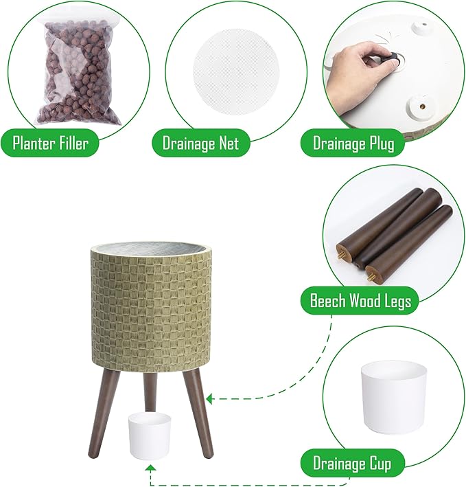 D'vine Dev 10 Inch Modern Geometric Tile Patterned Sleek Planter Pot with Stand, Indoor Outdoor Decorative Plant Holder, Distressed Olive, 88-Z-B-4