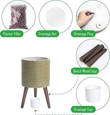 D'vine Dev 10 Inch Modern Geometric Tile Patterned Sleek Planter Pot with Stand, Indoor Outdoor Decorative Plant Holder, Distressed Olive, 88-Z-B-4