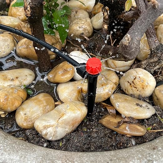 100PCS Drip Irrigation Emitters, Kalolary Adjustable 360 Degree Water Flow Drippers Emitters for 1/4" Drip Irrigation System Tubing, Garden Irrigation Drippers for House Garden Flower beds(Red)