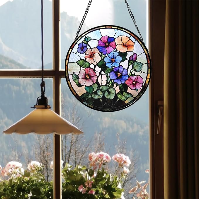 Stained Glass Window Hanging - Morning Glory Flowers Suncatcher for Doors Garden Patio Floral Sun Catchers Decor Christmas Mother's Day Birthday Gifts for Women Men Mom Nana Friend 11.8 in