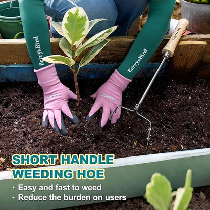 Berry&Bird Mini Hula Hoe for Weeding 17.3''Stirrup Hoe Stainless Steel Weed Puller Tool Gardening Action Scuffle Loop Hoes Garden Tools with Wooden Hand Weeder Cultivator Cutting Roots Loosening Soil