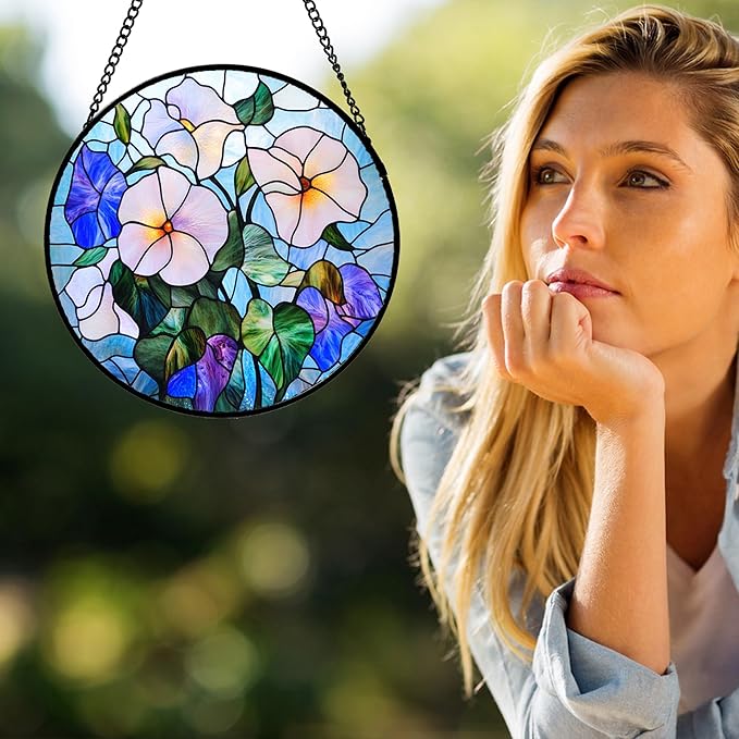 Stained Glass Window Hanging - Morning Glory Flowers Suncatcher for Door Yard Wildflowers Sun Catchers Decor Christmas Mother's Day Birthday Gifts for Women Mom Nana Friend Men 11.8 in
