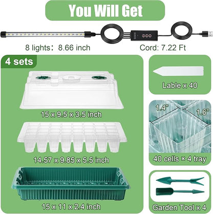 Saillong 4 Pack Seed Starter Tray with Grow Light, 80 Cells Indoor Greenhouse Kit, 360° Full Spectrum LED, Smart Timer, 5 Brightness Levels Indoor Plant Starter Kit for Home Gardeners