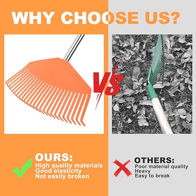Leaf Rake16.5 Wide Adjustable Handle Leaf Rake - Plastic Head, Lightweight, Soft & Lawn-Friendly - Ideal for Women & Kids - Orange