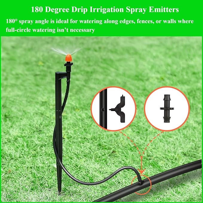 180 Degree Micro Drip Spray Emitters: 20 Set Drip Irrigation Sprinkler Heads on 12 Inch Stakes with 1/4" Tubing, Half Circle Pattern Drip Emitters for Garden Irrigation System